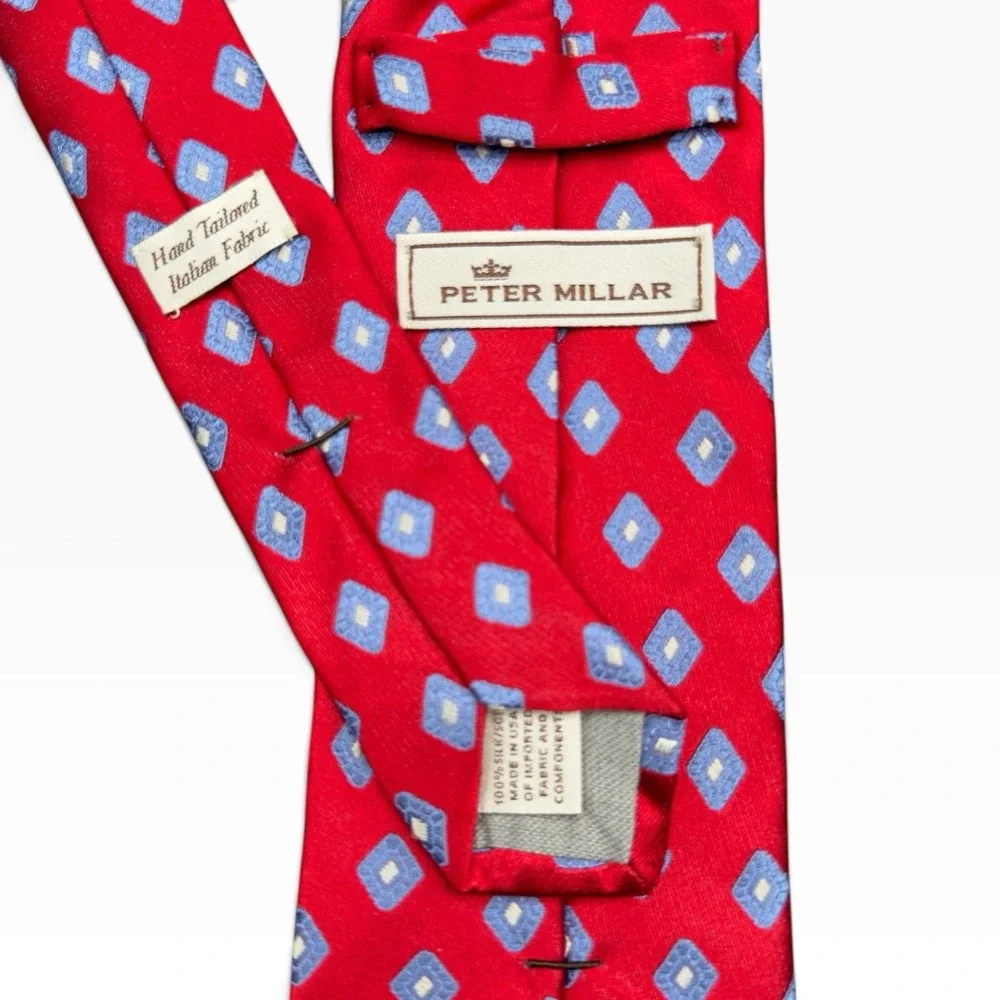 Peter Millar Silk Necktie Red Blue Geometric Geometric Diamond Pattern Italian